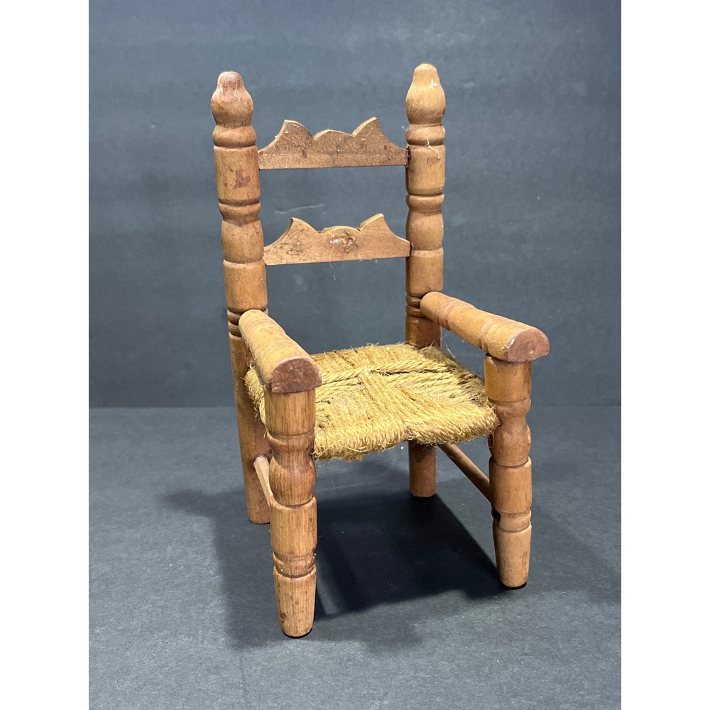Vintage Miniature Wooden Doll Chair Woven Rush Seat Rustic Farmhouse Decor 7in